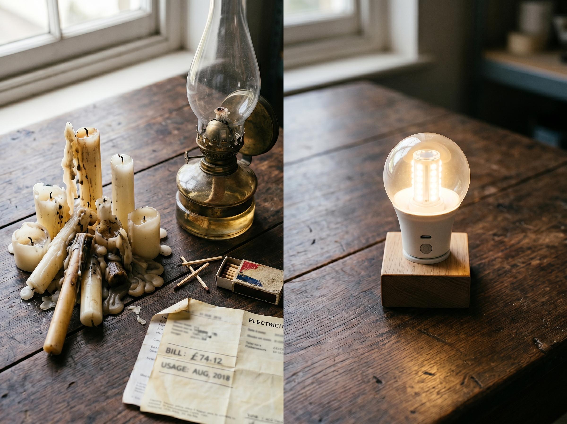Burnt candles and a kerosene lamp beside a glowing rechargeable LED emergency bulb — cost comparison