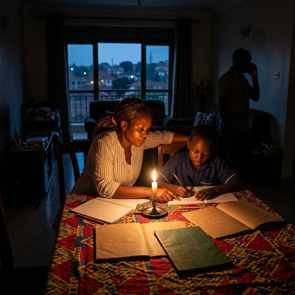 Kampala mother helping son with homework by single candlelight during UEDCL outage