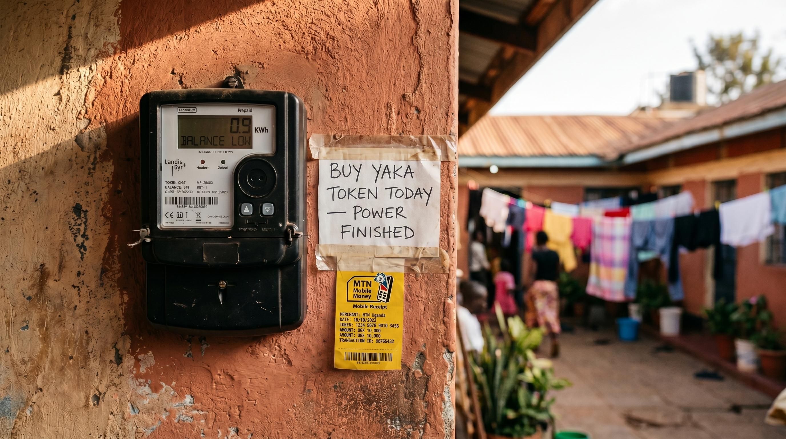 Kampala Yaka prepaid electricity meter with low balance during a UEDCL outage