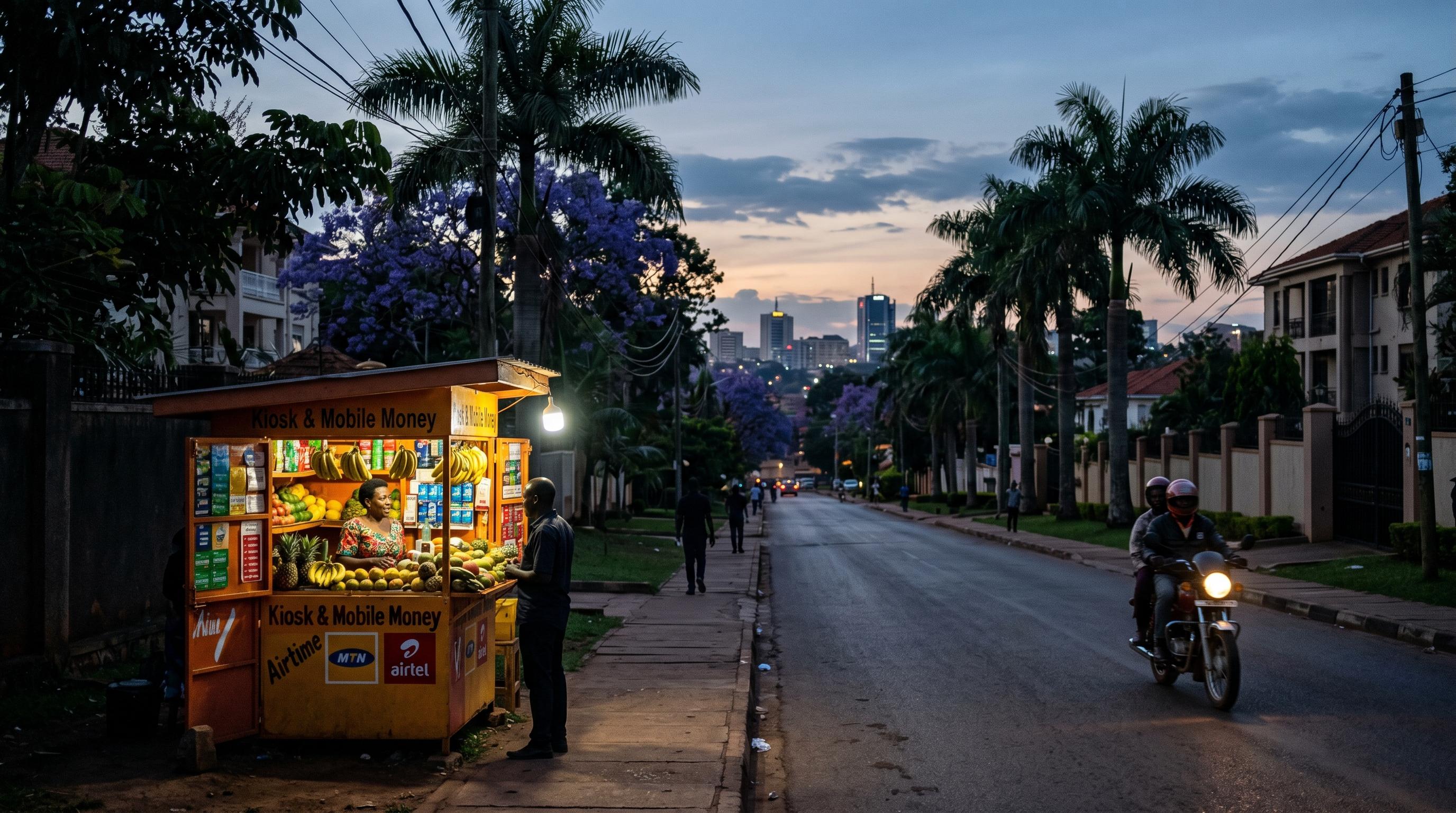 Bukoto Kampala kiosk and street scene with jacaranda trees and Kampala skyline