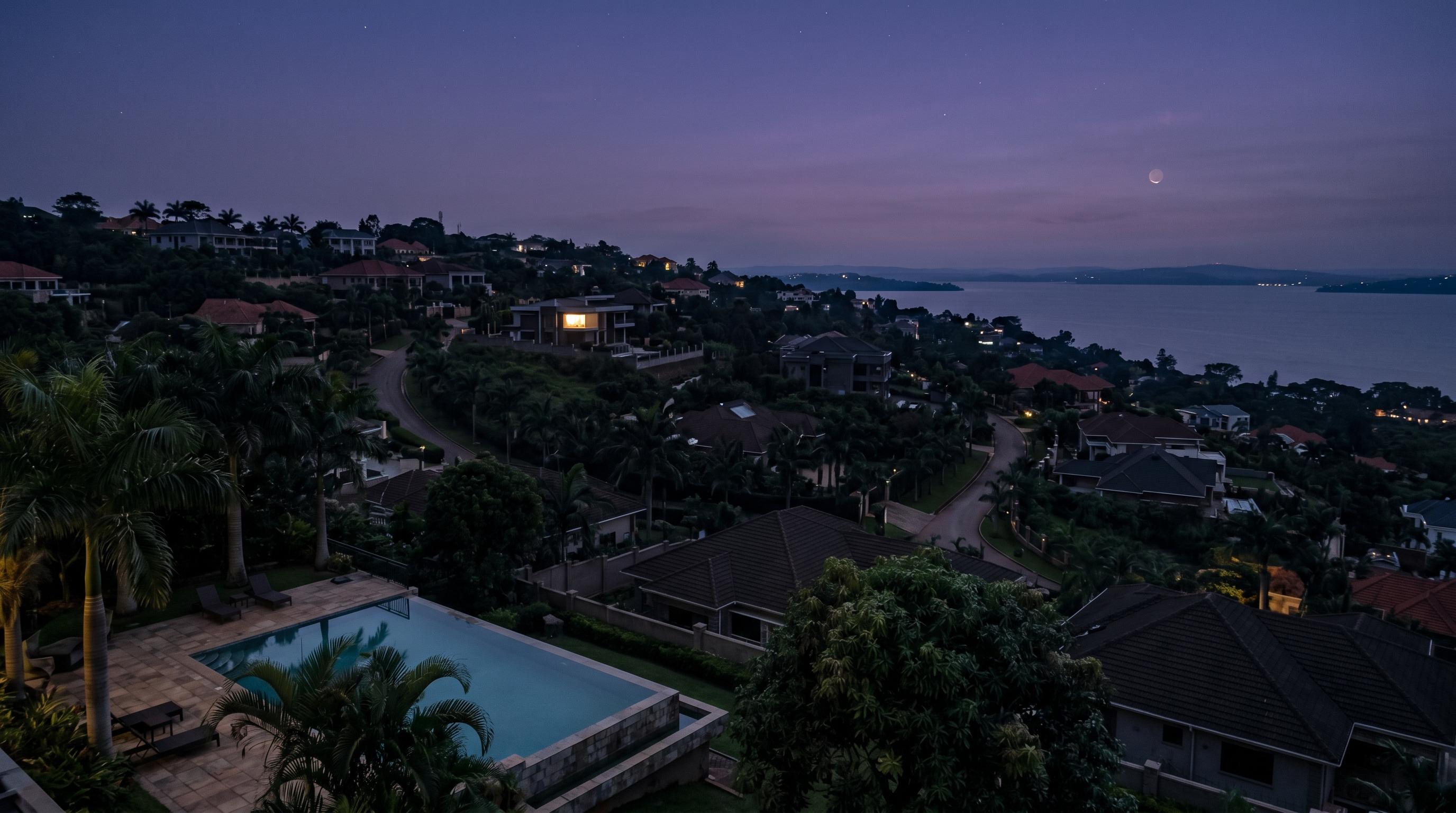 Muyenga hills Kampala with Lake Victoria view at dusk — affluent villas area