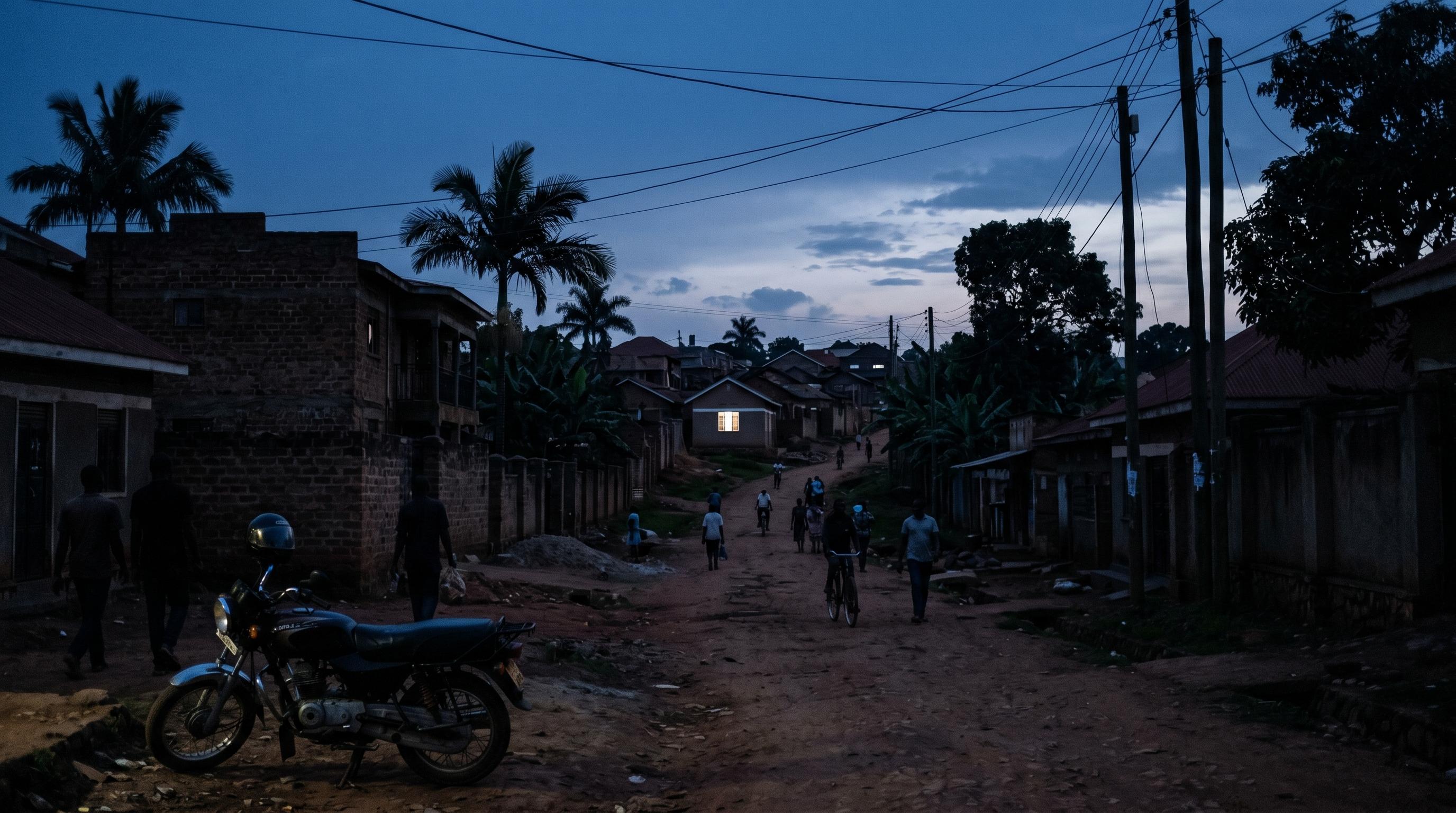 Ntinda Kampala residential street at dusk during a UEDCL power cut