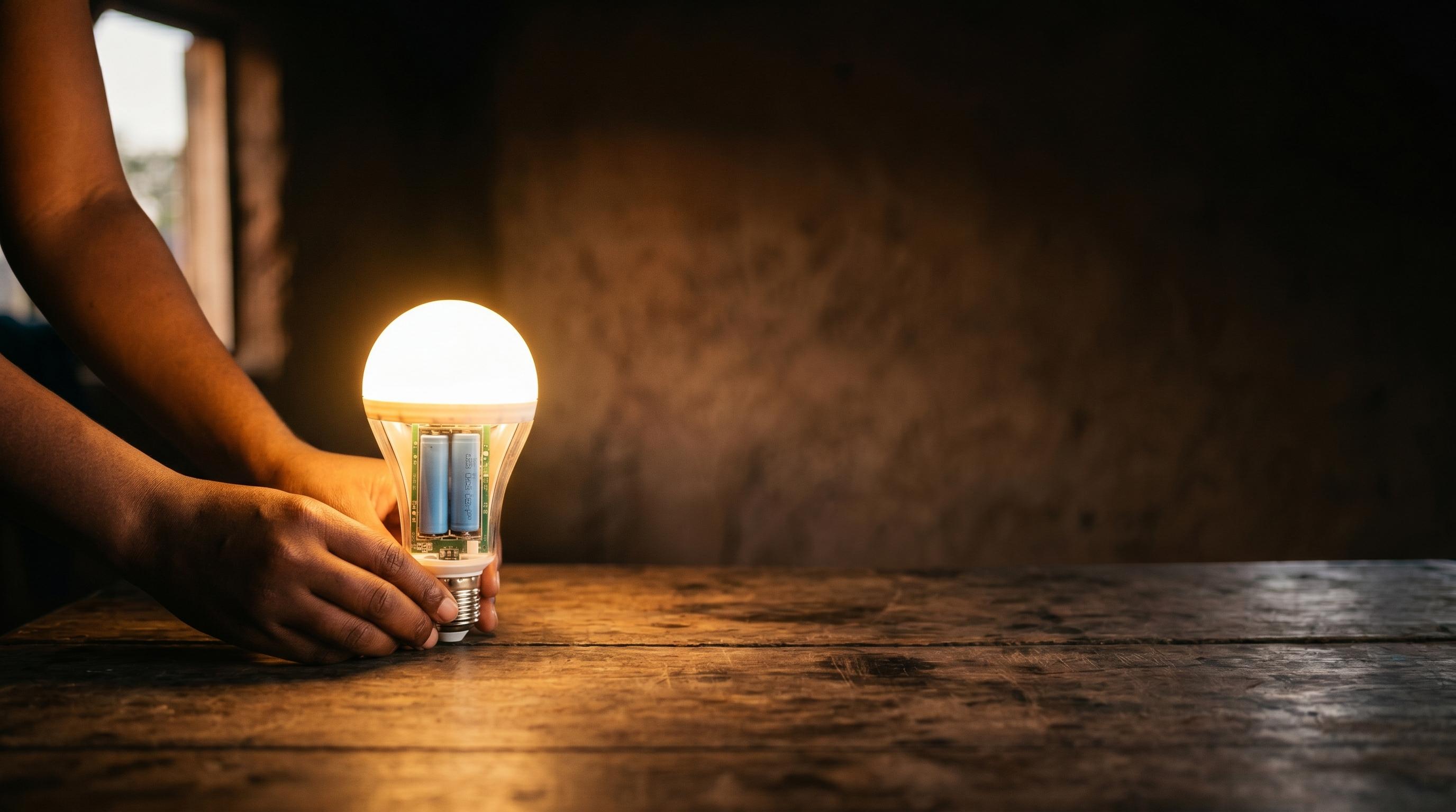 Rechargeable LED emergency bulb glowing warm light in a Kampala home during UEDCL power cut — all types of bulbs compared for Uganda 2026