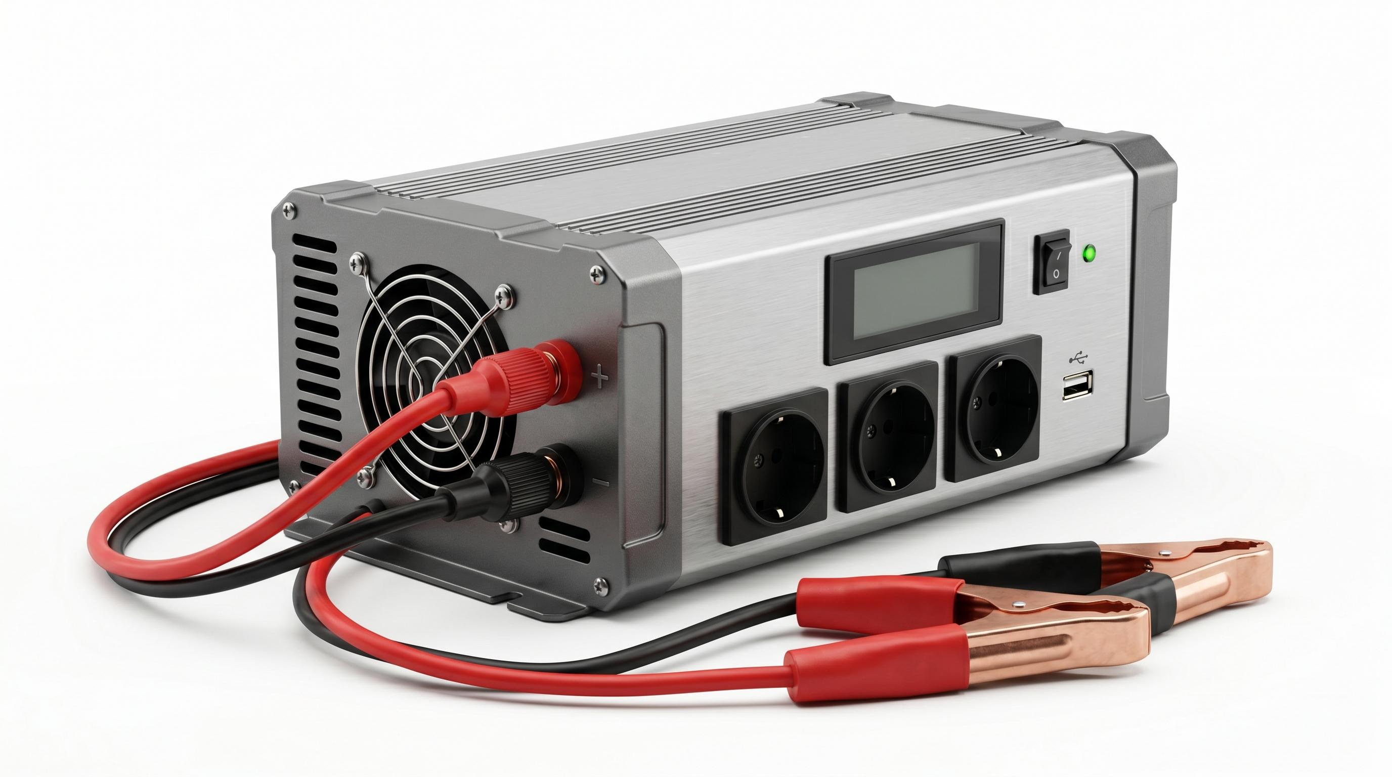 Power inverter with LCD display, AC sockets, battery terminals and clamps — Kampala