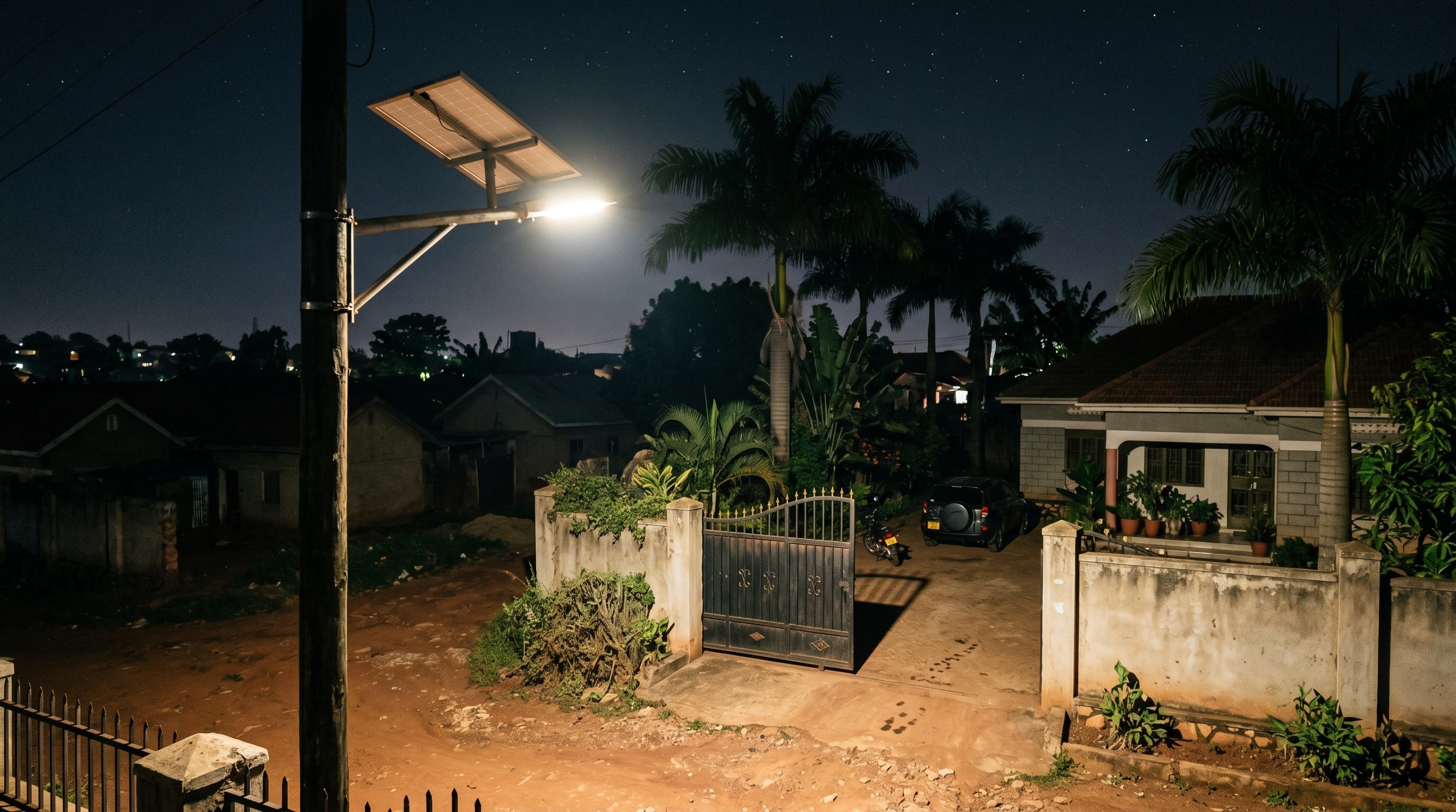 Pole-mounted solar street light illuminating a Kampala compound gate and driveway at night, other houses dark — UEDCL independent