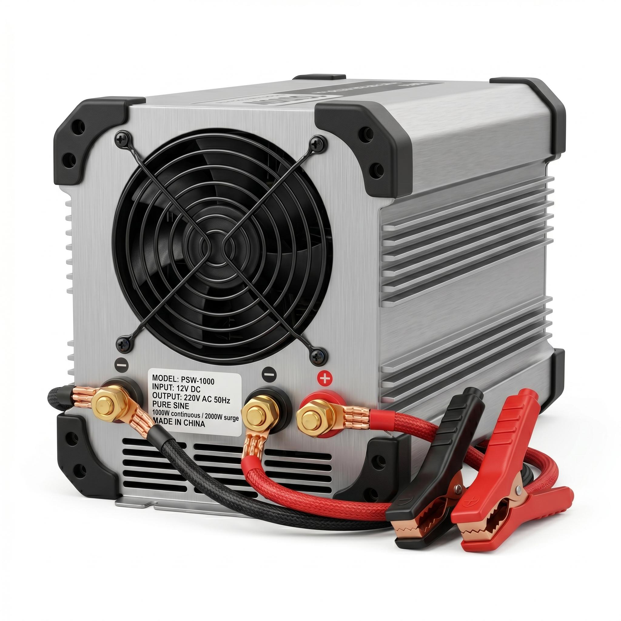 1000W inverter back view — large cooling fan, heat sink fins, battery terminal posts with gold-plated nuts and red-black crocodile clamps, model PSW-1000 spec label