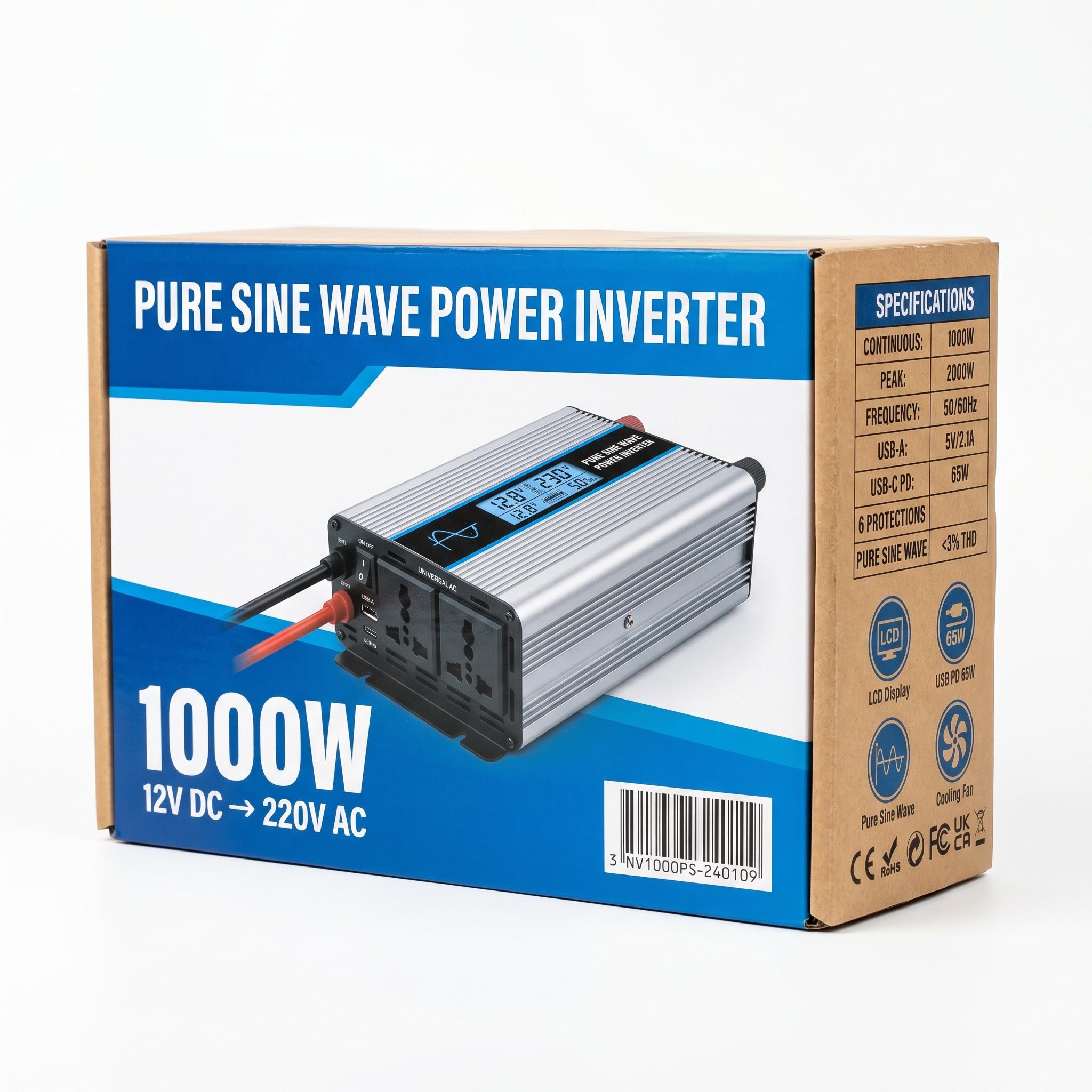 1000W inverter retail box — Pure Sine Wave Power Inverter, 12V DC to 220V AC, spec grid with CE RoHS FCC certifications