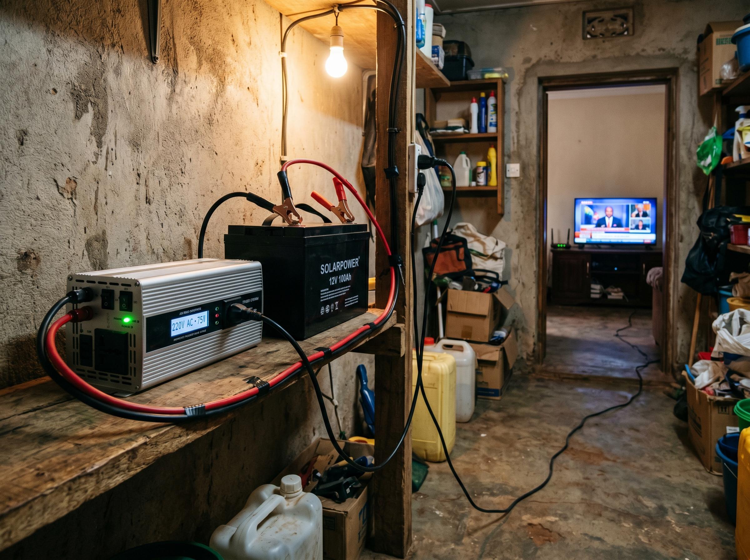 Power inverter in use in Kampala home utility room — connected to 12V 100Ah battery, powering TV and Wi-Fi during UEDCL outage