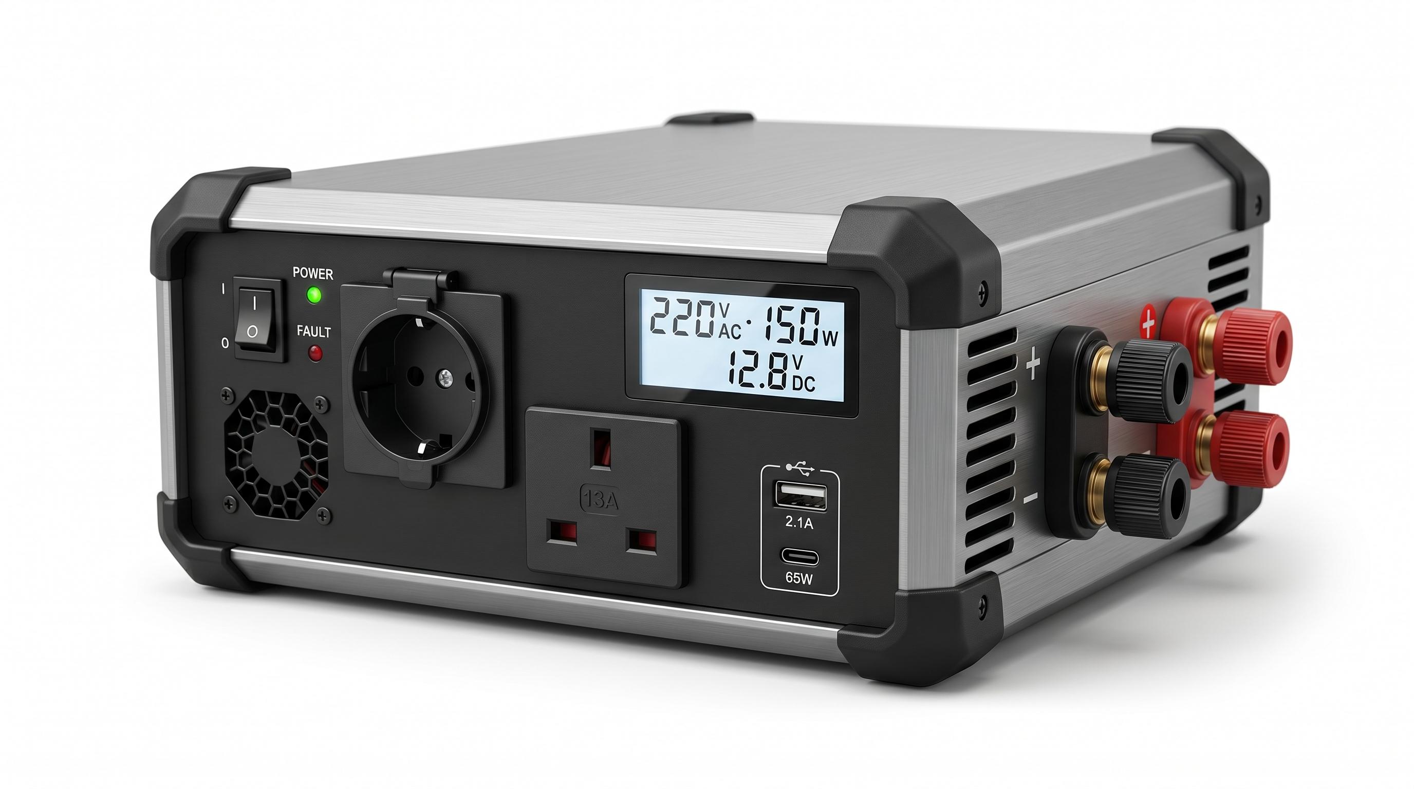 1000W pure sine wave inverter front view — LCD showing 220V AC 150W, 12.8V DC, EU+UK sockets, USB-A + USB-C PD 65W ports, battery terminals with clamps