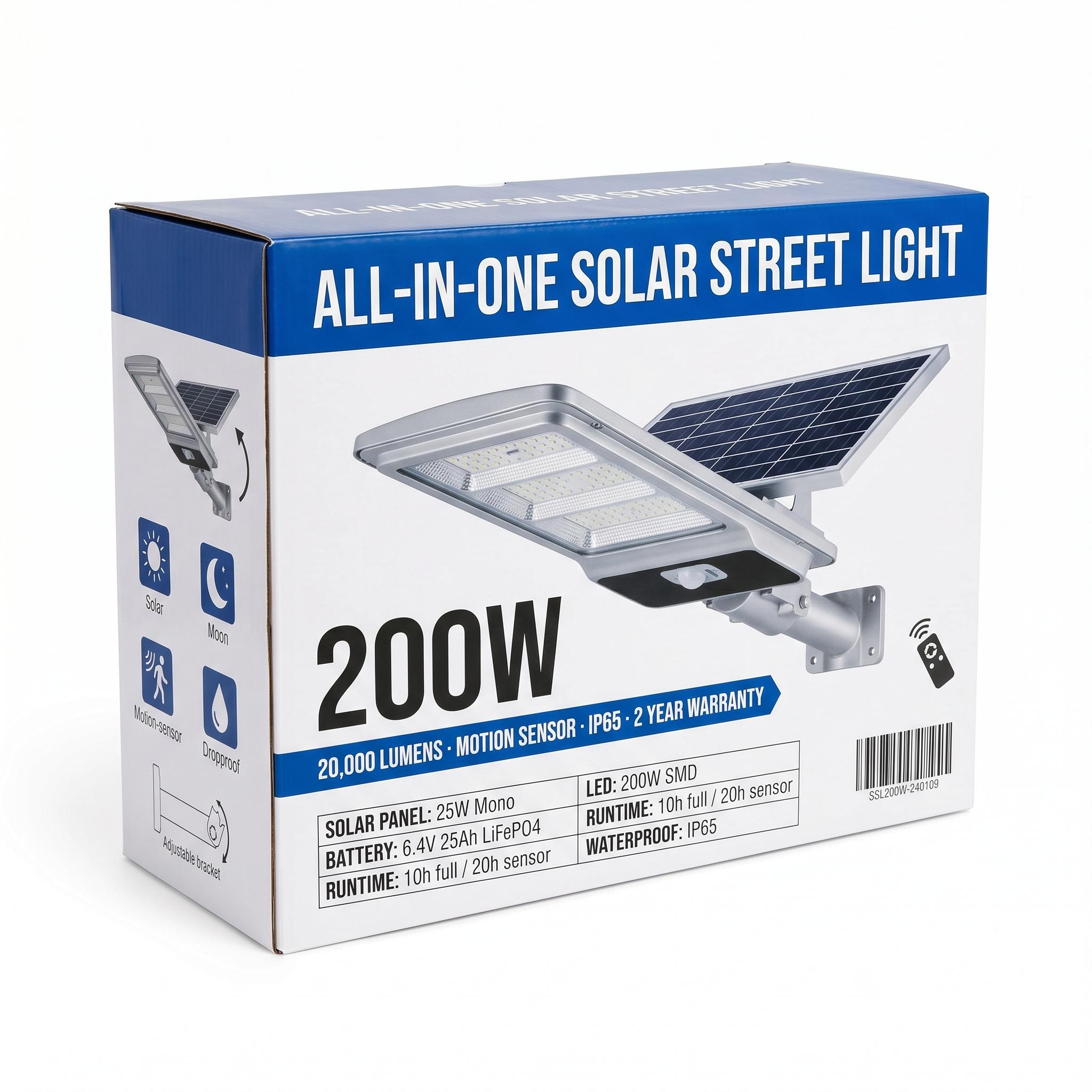 200W solar street light retail box — All-in-One Solar Street Light, 20000 lumens, Motion Sensor, IP65, 2-year warranty, spec table