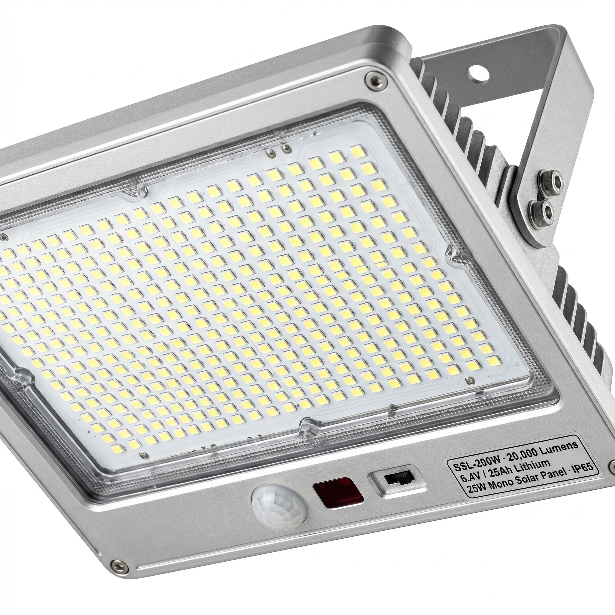 200W solar street light LED array close-up — dense SMD 2835 LED chips, PIR motion sensor dome, IR remote receiver, spec plate visible