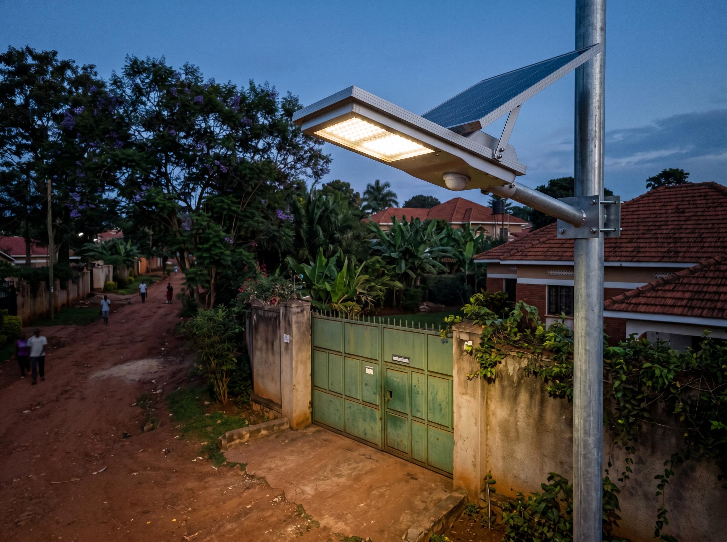 200W solar street light mounted on pole at Kampala compound gate — lighting driveway and green metal gate at dusk, independent of UEDCL