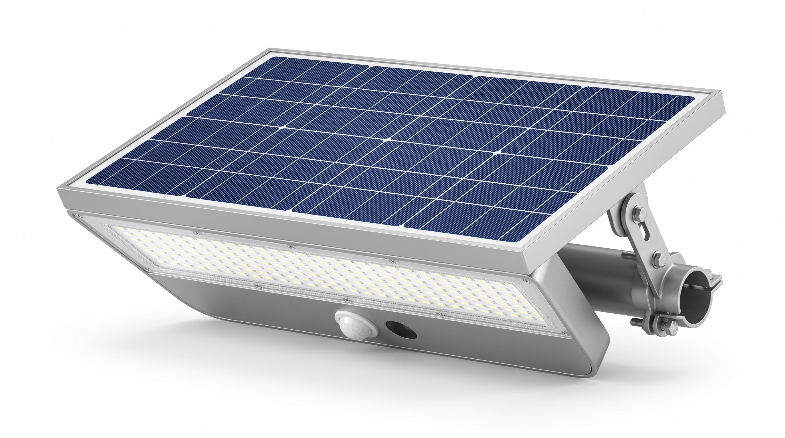 200W all-in-one solar street light hero view — monocrystalline solar panel on top, SMD LED array underneath, PIR motion sensor, pole-mount bracket