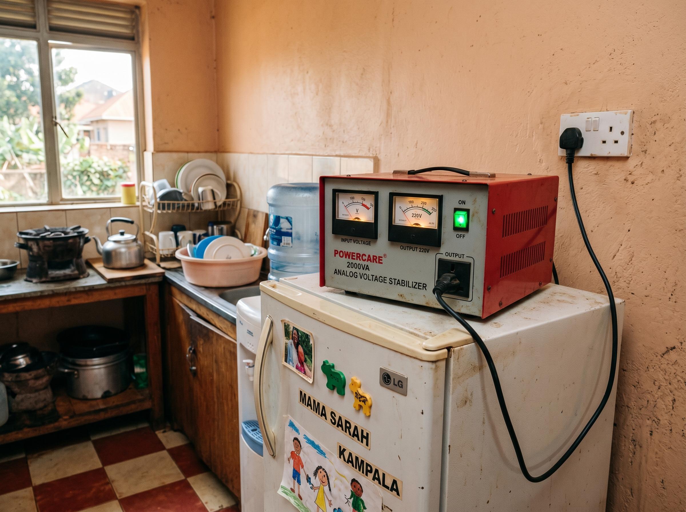 Voltage stabilizer in use on top of a refrigerator in a Kampala home kitchen — protects fridge from UEDCL voltage spikes