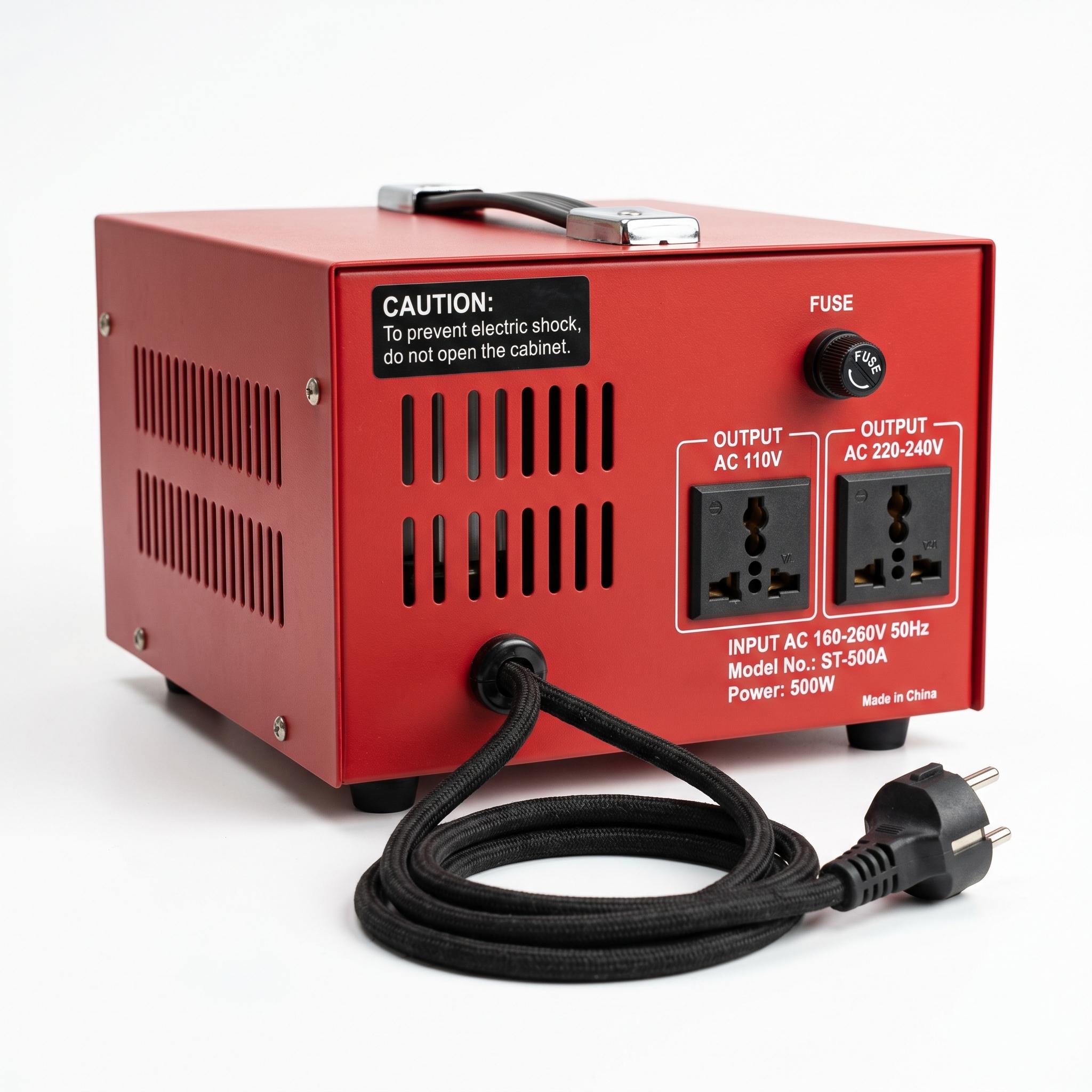 ST-500A voltage regulator back view — fuse, OUTPUT AC 110V + AC 220-240V sockets, EU power cord
