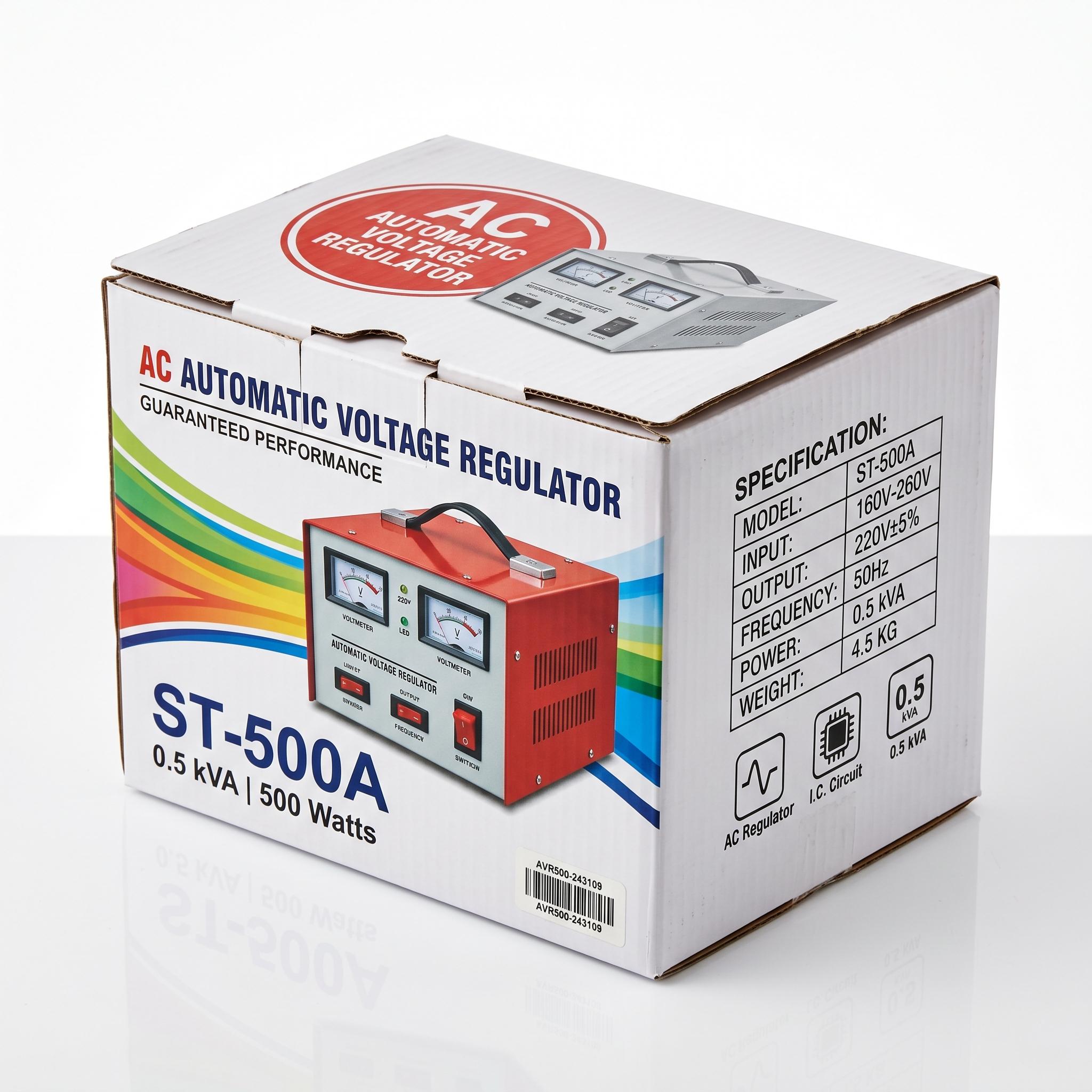 ST-500A retail box — AC Automatic Voltage Regulator, 0.5 kVA, 500 Watts, spec table visible