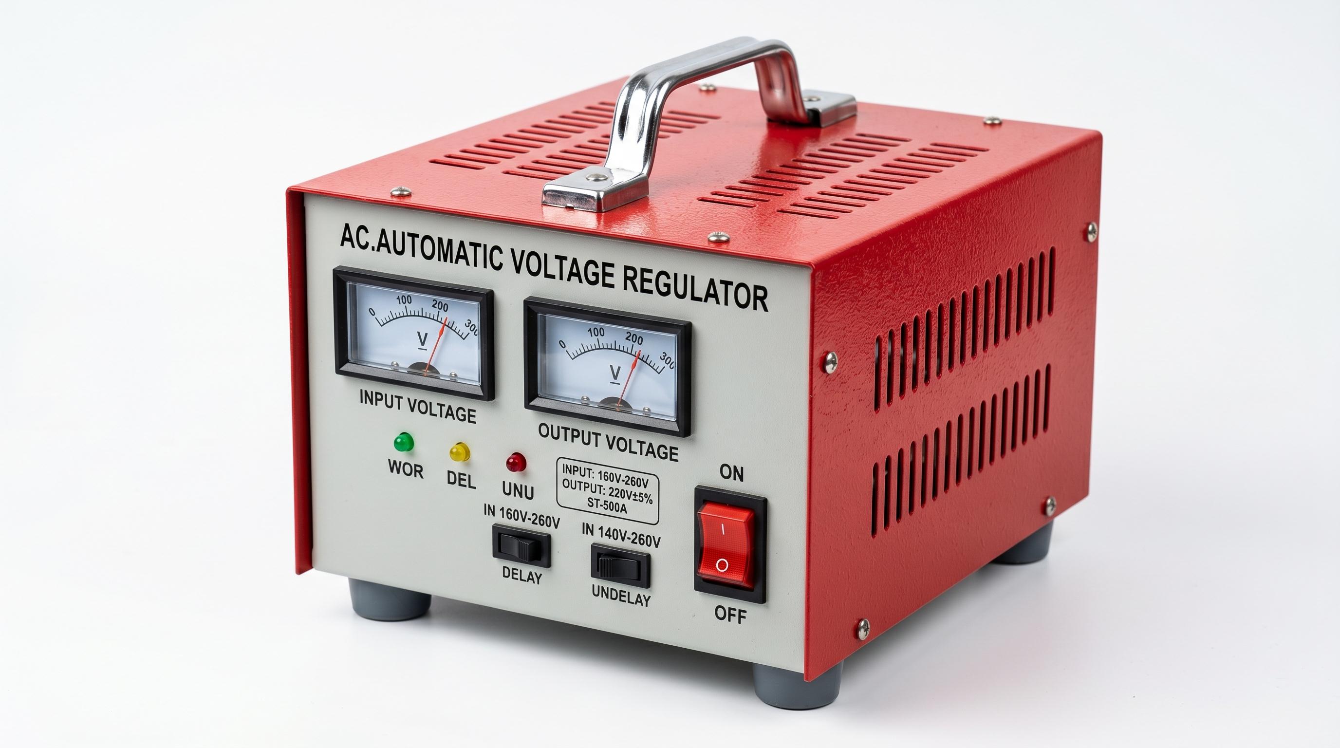 ST-500A voltage regulator front view — dual analog voltmeters, WOR/DEL/UNU LEDs, red ON/OFF switch, carry handle