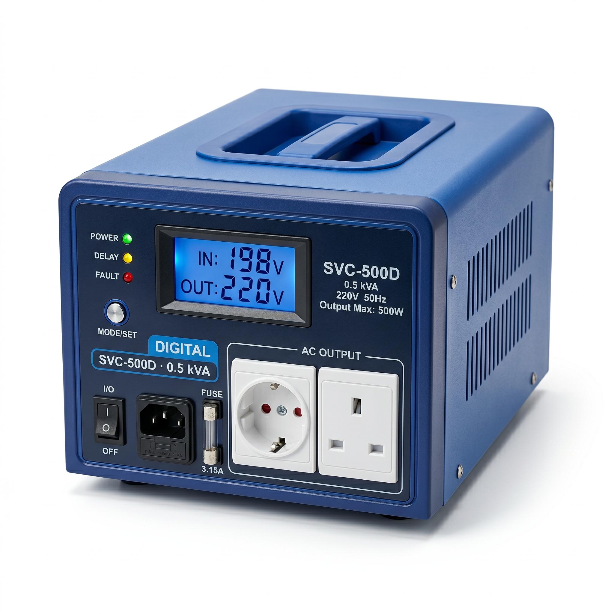 SVC-500D digital voltage stabilizer — blue housing, LCD showing IN 198V OUT 220V, EU and UK sockets, carry handle integrated on top